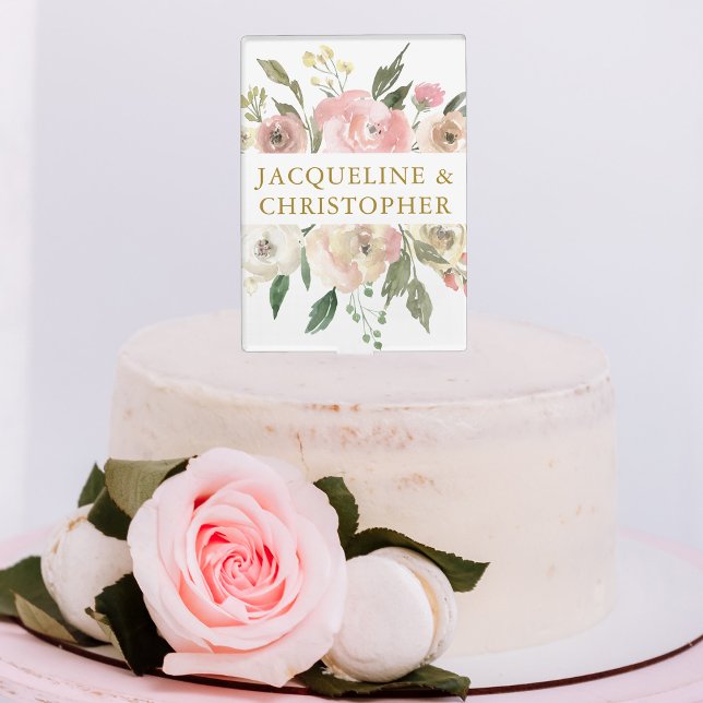 Elegant Blush Pink Gold Floral Garden Wedding Cake Topper (Creator Uploaded)