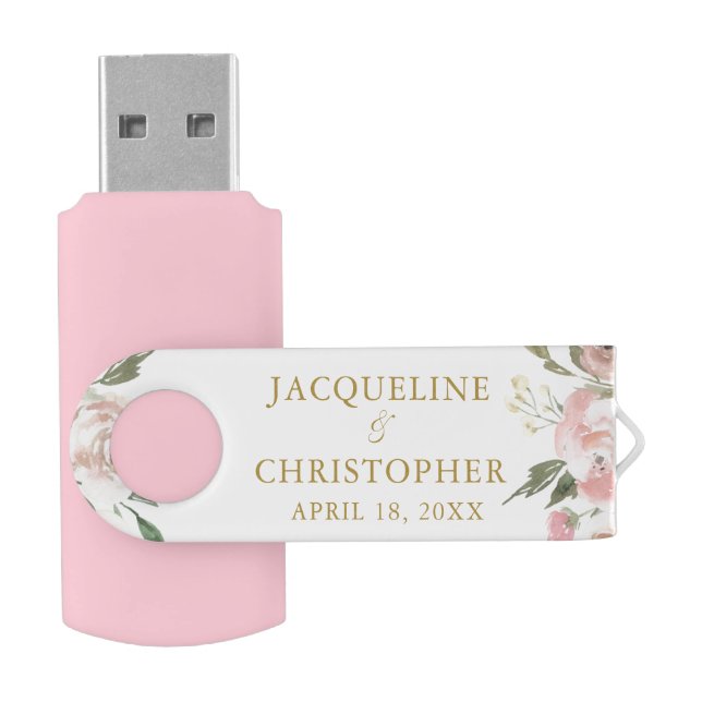 Elegant Blush Pink Gold Floral Garden Wedding Flash Drive (Opened)