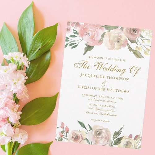 Elegant Blush Pink Gold Floral Garden Wedding Invitation