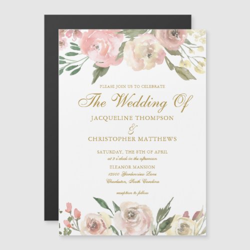 Elegant Blush Pink Gold Floral Garden Wedding Magnetic Invitation