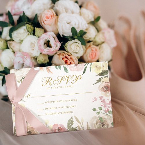Elegant Blush Pink Gold Floral Garden Wedding RSVP Card