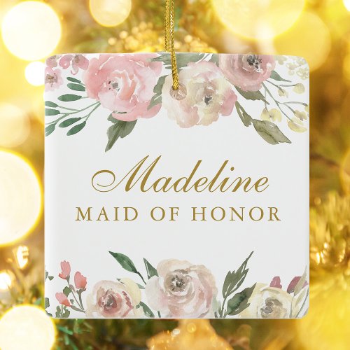 Elegant Blush Pink Gold Floral Maid of Honor Ceramic Ornament