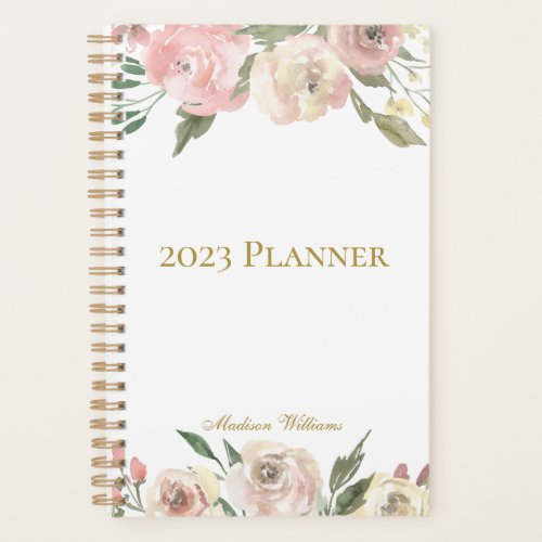 Elegant Blush Pink Gold Floral Monogram 2023 Planner