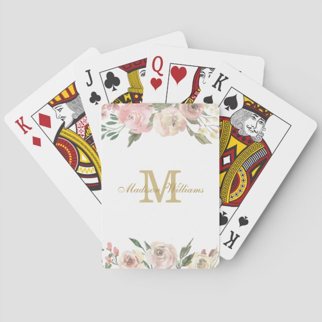 Elegant Blush Pink Gold Floral Monogram Poker Cards (Back)