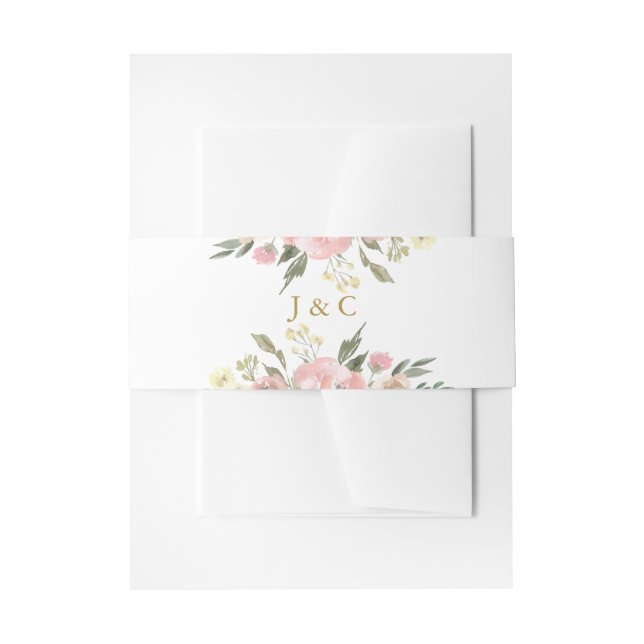Elegant Blush Pink Gold Floral Monogram Wedding Invitation Belly Band (Front Example)