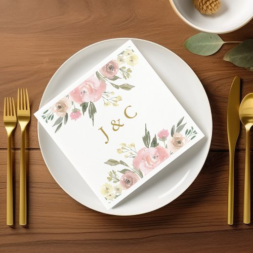 Elegant Blush Pink Gold Floral  Monogram Wedding Napkins