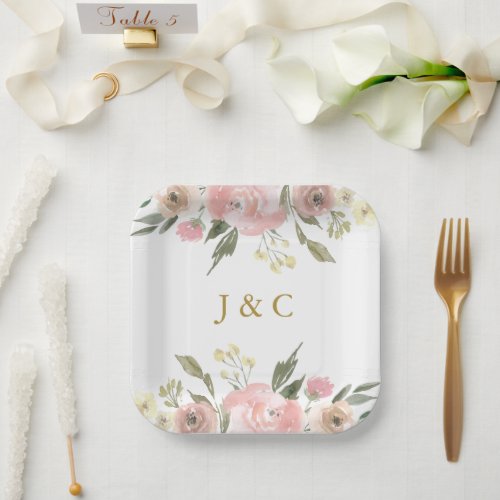 Elegant Blush Pink Gold Floral  Monogram Wedding Paper Plates