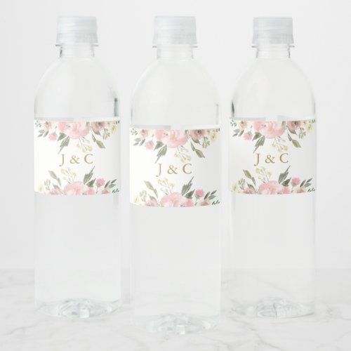 Elegant Blush Pink Gold Floral  Monogram Wedding Water Bottle Label
