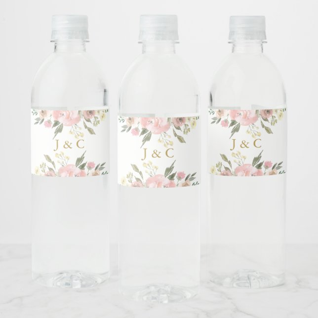 Elegant Blush Pink Gold Floral  Monogram Wedding Water Bottle Label (Bottles)