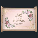 Elegant Blush Pink Gold Floral Mr and Mrs Wedding Serving Tray<br><div class="desc">Elegant blush pink and gold floral wedding serving tray featuring blush pink flowers and greenery. Matching items available. Easily personalize this template online.</div>