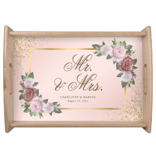 Elegant Blush Pink Gold Floral Mr and Mrs Wedding Serving Tray