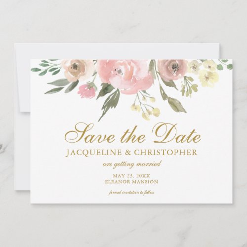Elegant Blush Pink Gold Floral Photo Save the Date