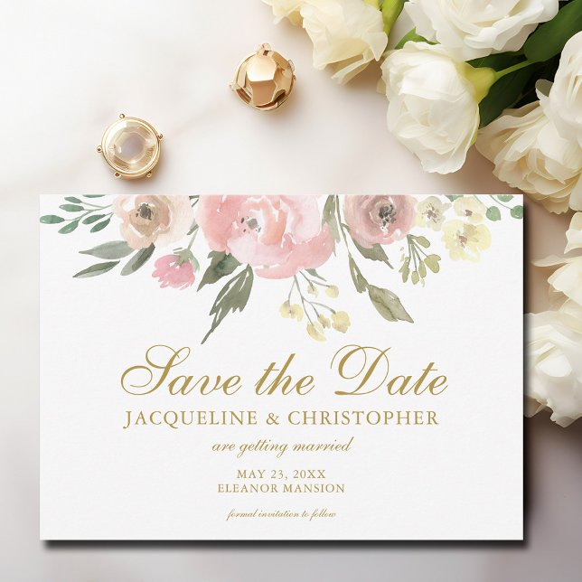 Elegant Blush Pink Gold Floral Photo Save the Date (Creator Uploaded)