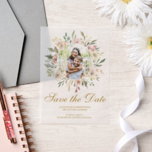 Elegant Blush Pink Gold Floral Photo Save the Date Vellum Invitations