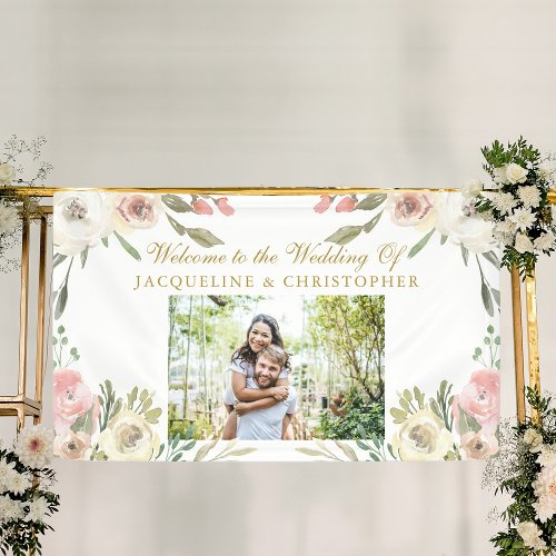 Elegant Blush Pink Gold Floral Photo Wedding Banner