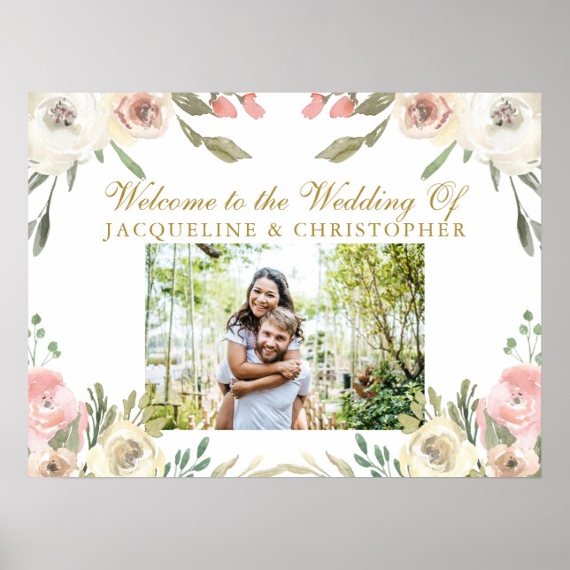 Elegant Blush Pink Gold Floral Photo Wedding Poster (Front)