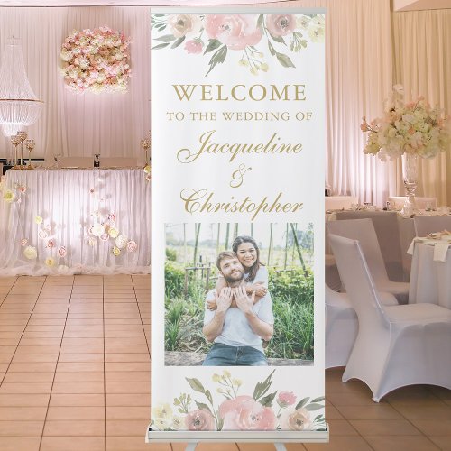 Elegant Blush Pink Gold Floral Photo Wedding Retractable Banner
