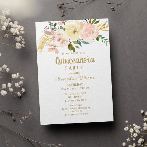 Elegant blush pink gold floral Quinceaera  Invitation Postcard