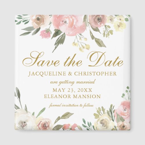 Elegant Blush Pink Gold Floral Save the Date Magnet