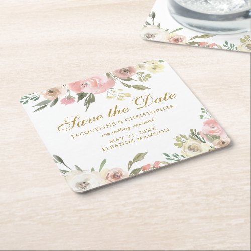 Elegant Blush Pink Gold Floral Save the Date Square Paper Coaster