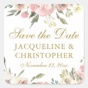 Elegant Blush Pink Gold Floral Save the Date Square Sticker