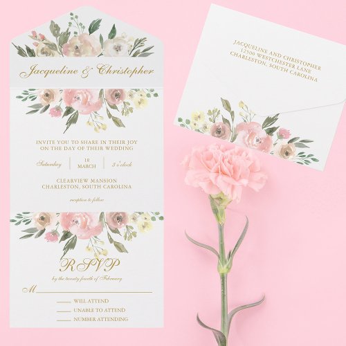 Elegant Blush Pink Gold Floral Summer Wedding All In One Invitation