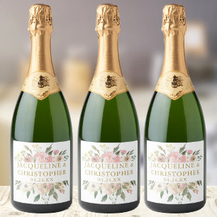 Elegant Blush Pink Gold Floral Summer Wedding Sparkling Wine Label