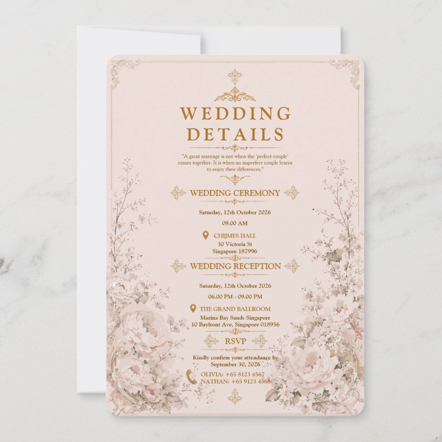 Elegant Blush Pink Gold Floral Vintage Wedding Invitation