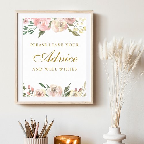 Elegant Blush Pink Gold Floral Wedding Advice Poster