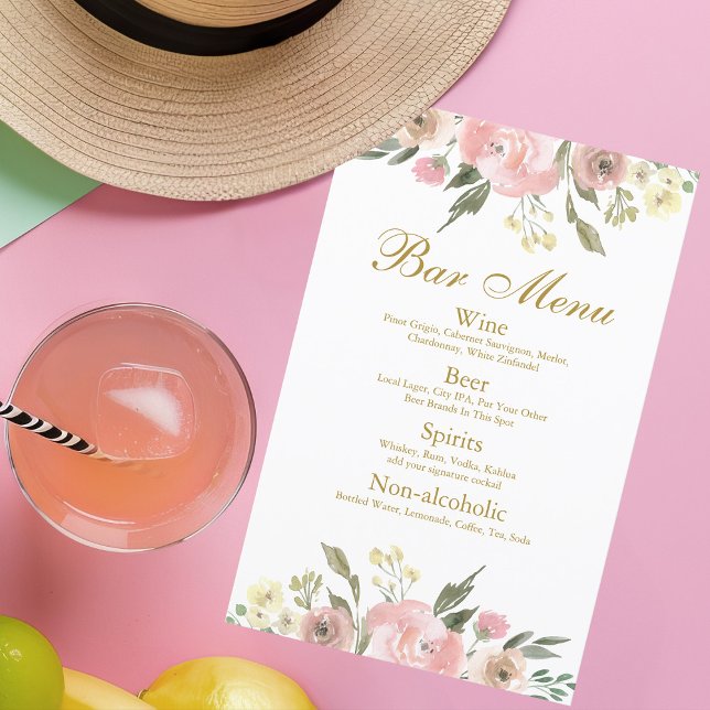 Elegant Blush Pink Gold Floral Wedding Bar Menu (Creator Uploaded)