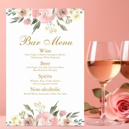 Elegant Blush Pink Gold Floral Wedding Bar Menu Poster