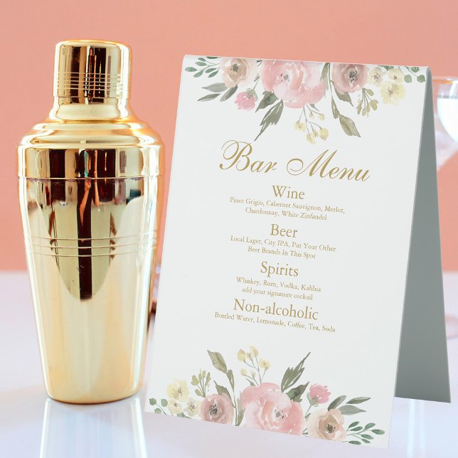 Elegant Blush Pink Gold Floral Wedding Bar Menu Table Tent (Creator Uploaded)