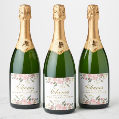 Elegant Blush Pink Gold Floral Wedding Cheers Sparkling Wine Label