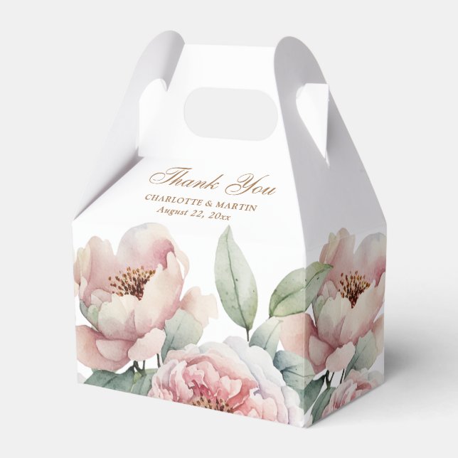 Elegant Blush Pink Gold Floral Wedding Favor Boxes (Front Side)