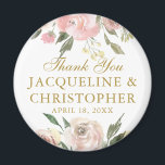Elegant Blush Pink Gold Floral Wedding Favor Magnet<br><div class="desc">An elegant floral bouquet of watercolor blush pink peonies and ivory roses frame these lovely spring wedding magnets. The botanical sprigs of sage green eucalyptus leaves decorate the border that surrounds the lovely gold cursive script. A beautiful personalized favor for a garden wedding reception during the summer. This collection is...</div>