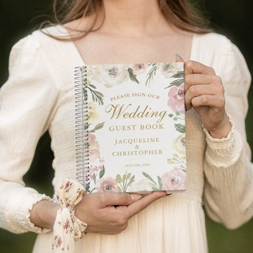 Elegant Blush Pink Gold Floral Wedding Guest Book