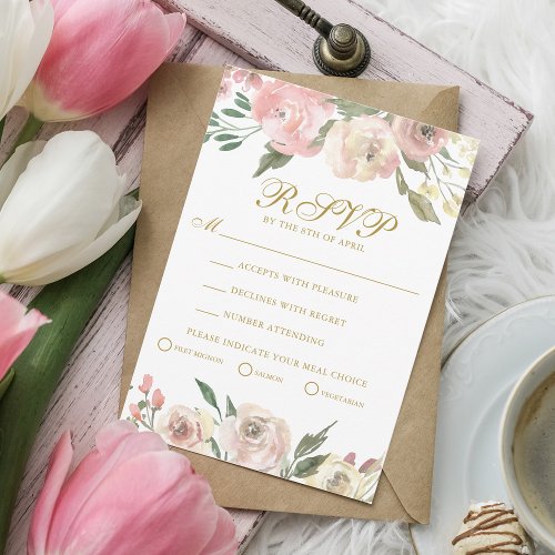 Elegant Blush Pink Gold Floral Wedding Meal Choice RSVP Card