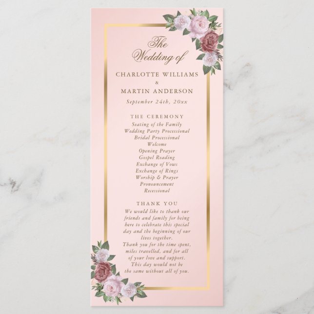Elegant Blush Pink Gold Floral Wedding Program (Front)