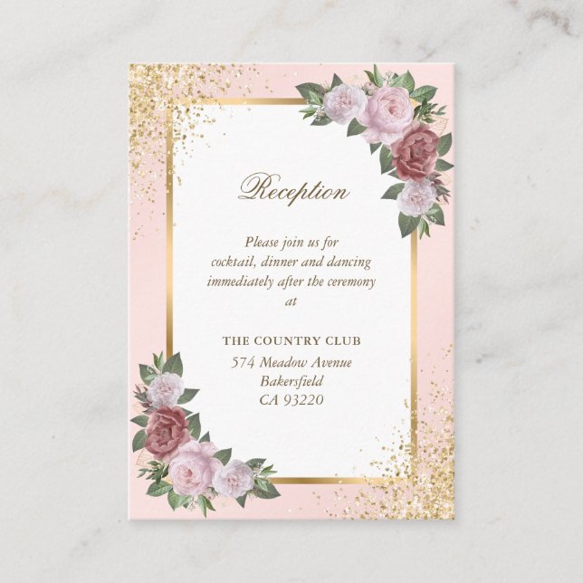 Elegant Blush Pink Gold Floral Wedding Reception Enclosure Card (Front)