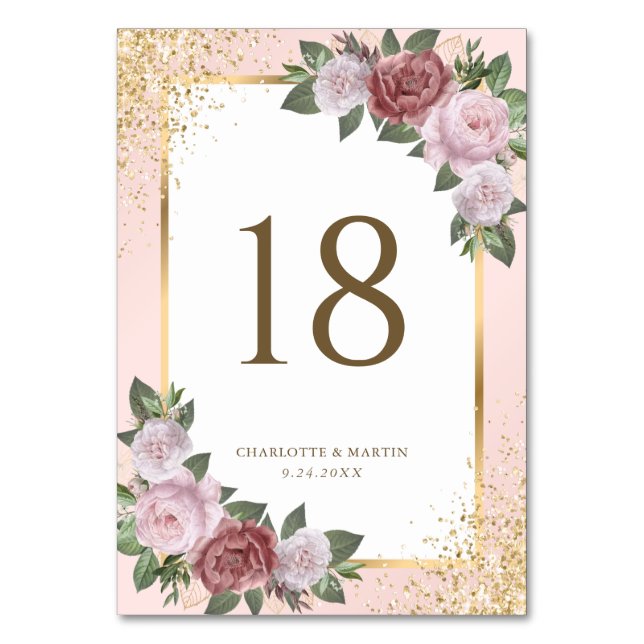 Elegant Blush Pink Gold Floral Wedding Table Number (Front)