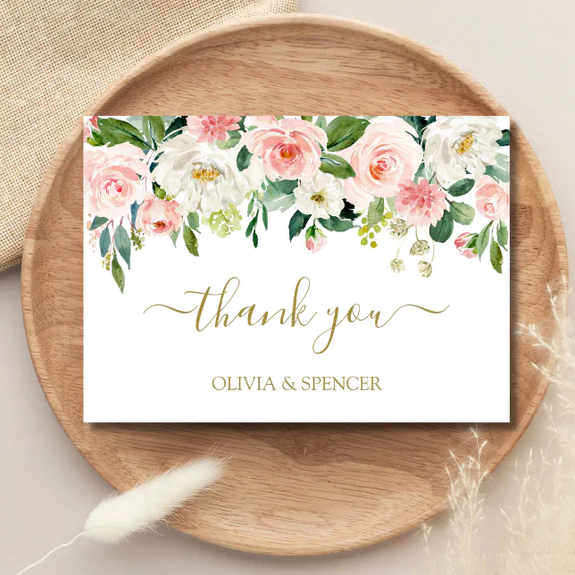 Elegant Blush Pink Gold Floral Wedding Thank You | Zazzle