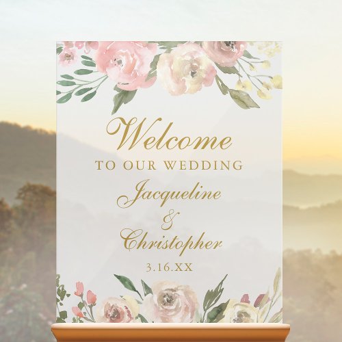 Elegant Blush Pink Gold Floral Wedding Welcome Acrylic Sign