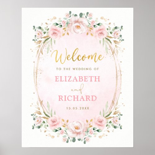 Elegant Blush Pink Gold Floral Wedding Welcome Poster