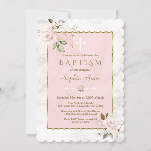 Elegant Blush Pink Gold Flowers Marble Baptism Invitation