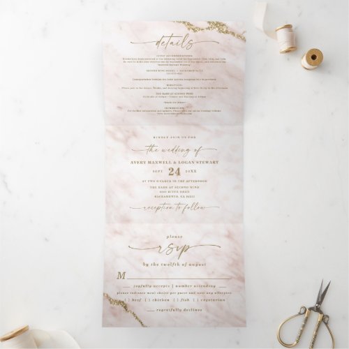 Elegant Blush Pink  Gold Foil Marble Wedding Tri_Fold Invitation