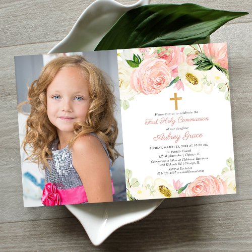 Elegant blush pink gold girl first communion photo invitation