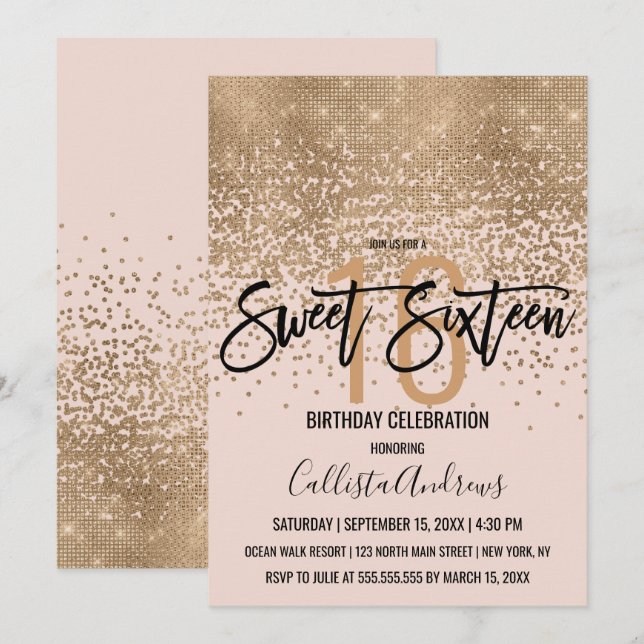 Elegant Blush Pink Gold Glitter Confetti Sweet 16 Invitation (Front/Back)
