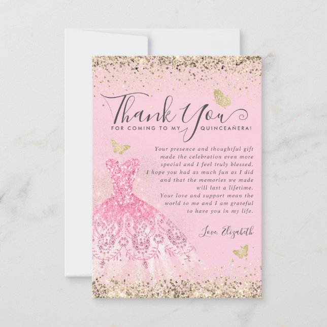 Elegant Blush Pink Gold Glitter Dress Quinceanera Thank You Card (Front)