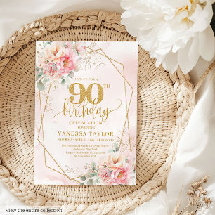 Elegant Blush Pink Gold Glitter Flowers 90th Invitation