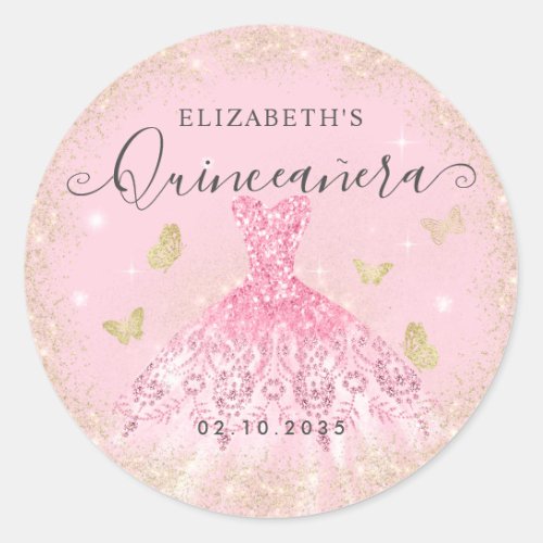 Elegant Blush Pink Gold Glitter Gown Quinceaera Classic Round Sticker